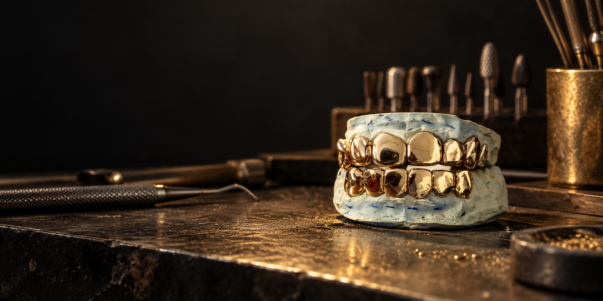 Custom gold grillz on a jeweler workbench by Division Gold Grillz